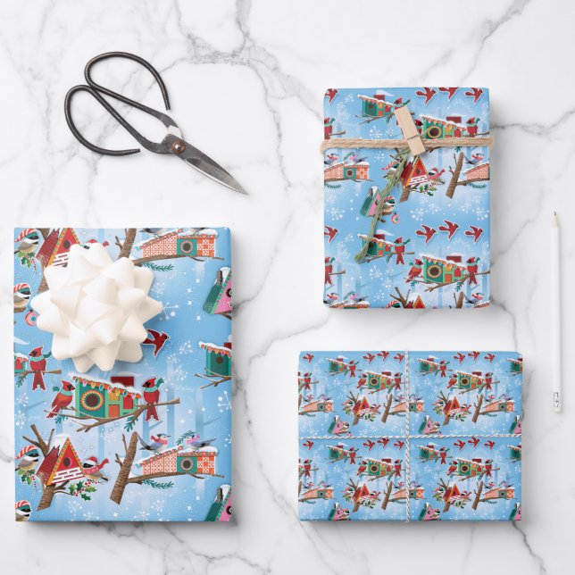 Mid-Century Modern BirdHouses Christmas  Wrapping Paper Sheets (Front)