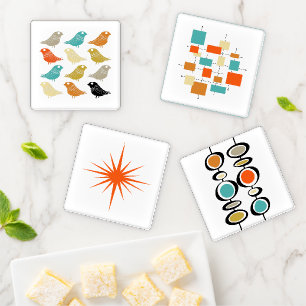 Mid Century Modern Birds Geometric Starburst Coaster Set