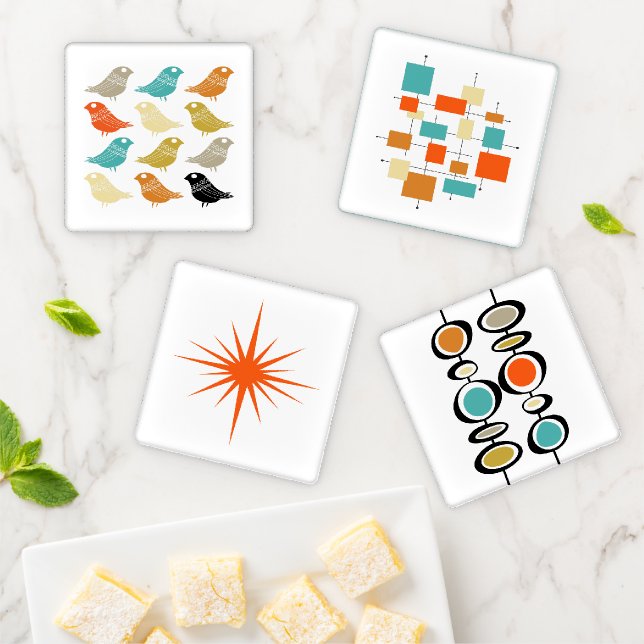 Mid Century Modern Birds Geometric Starburst Coaster Set (In Situ)