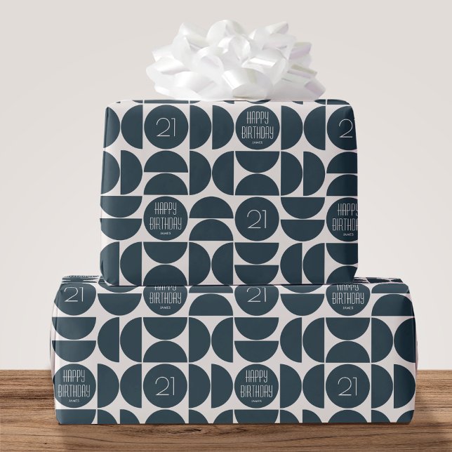 Mid-Century Modern Birthday Retro 21st Blue Black Wrapping Paper (Creator Uploaded)