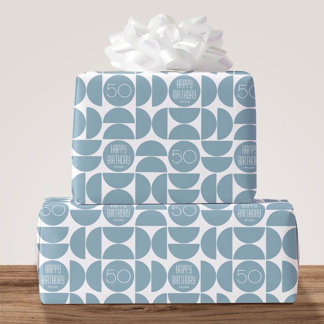 Mid-Century Modern Birthday Retro 50th Blue Wrapping Paper (Creator Uploaded)