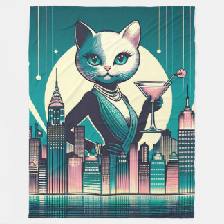 “Mid-Century Modern Black and White Cat” Fleece Blanket