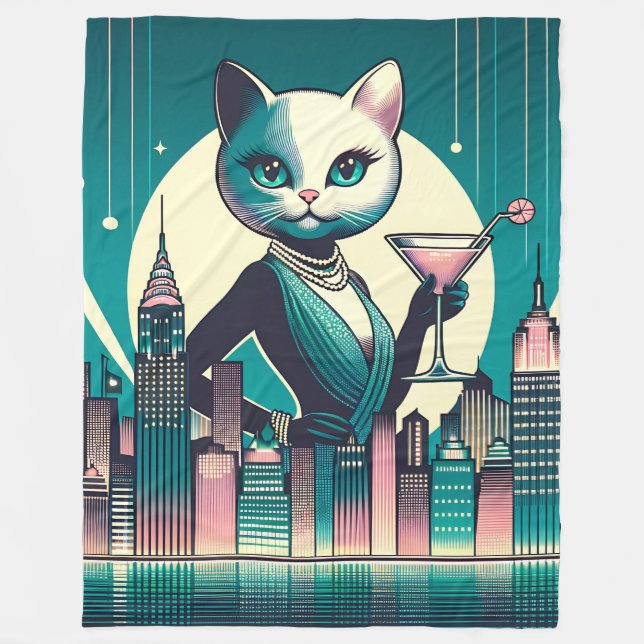 “Mid-Century Modern Black and White Cat” Fleece Blanket (Front)
