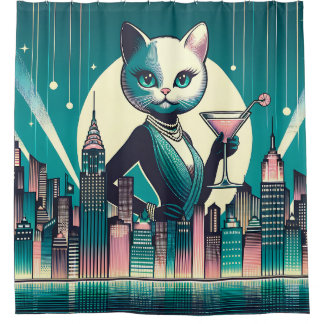 “Mid-Century Modern Black and White Cat” Shower Curtain