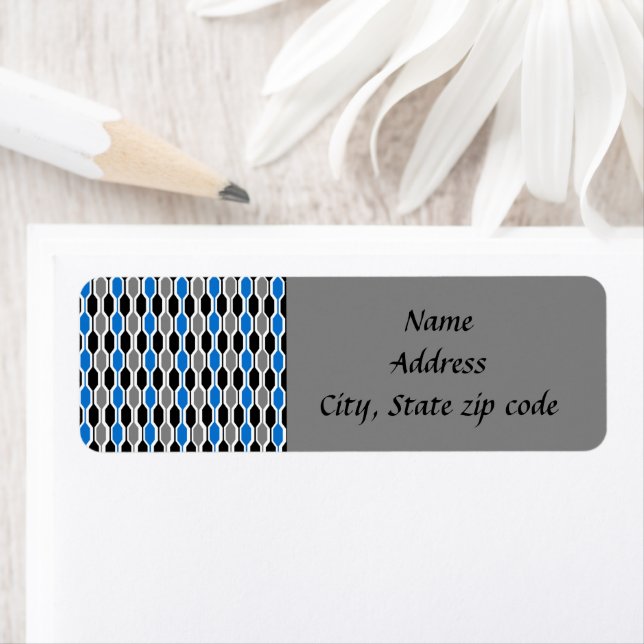 Mid-Century Modern Black, Blue, and Gray Hexagons  Label (Insitu)