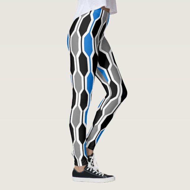 Mid-Century Modern Black, Blue, and Gray Hexagons  Leggings (Right)