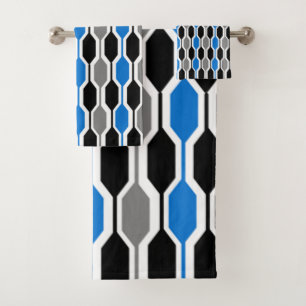 Mid-Century Modern Black, Blue, Gray Hexagons Bath Towel Set