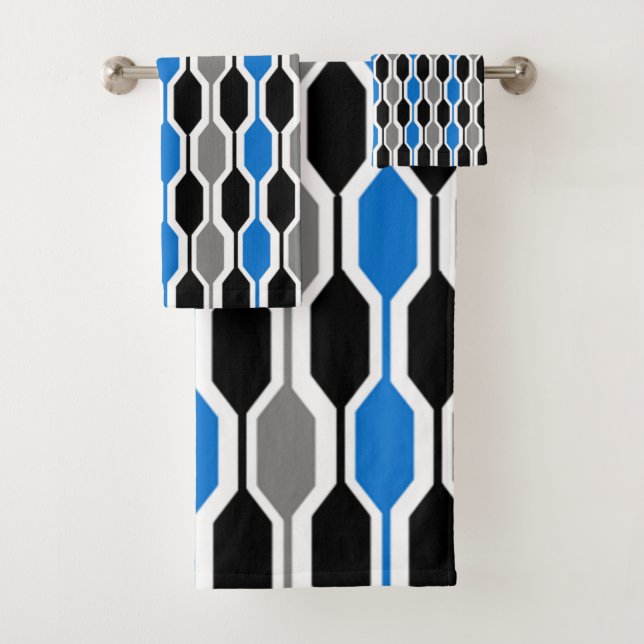 Mid-Century Modern Black, Blue, Gray Hexagons Bath Towel Set (Insitu)