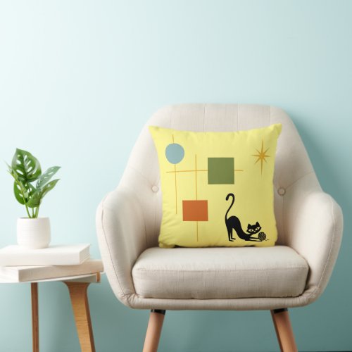 Mid Century Modern Black Cat Geometric Yellow Throw Pillow