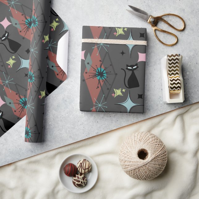 Mid Century Modern Black Cats and Star Pattern Wrapping Paper (Crafts)