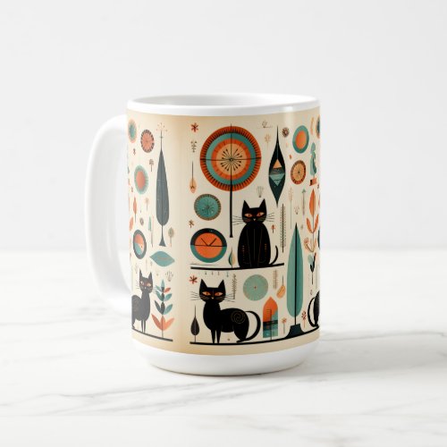 Mid Century Modern Black Cats Orange and Turquoise Coffee Mug