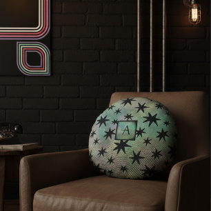 Mid Century Modern Black Stars Monogram Round Pillow