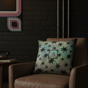 Mid Century Modern Black Stars Monogram Throw Pillow