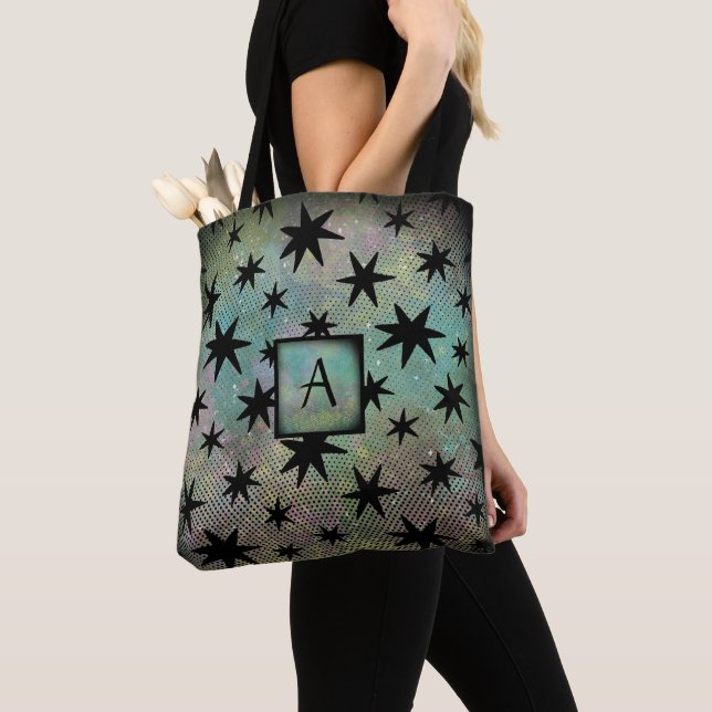 Mid Century Modern Black Stars Monogram Tote Bag (Close Up)