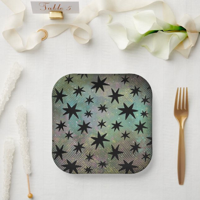 Mid Century Modern Black Stars Paper Plates (Wedding)