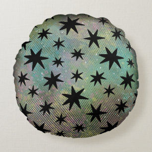 Mid Century Modern Black Stars Round Pillow