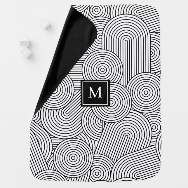 Mid Century Modern Black White Monogrammed Initial Baby Blanket (In Situ)