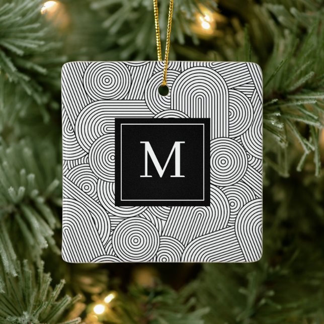 Mid Century Modern Black White Monogrammed Initial Ceramic Ornament (Tree)