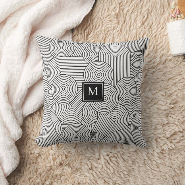 Mid Century Modern Black White Monogrammed Initial Throw Pillow (Blanket)