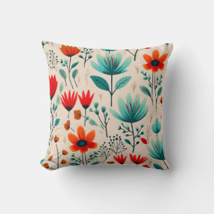Mid Century Modern, Blue And Orange Flowers Throw Pillow