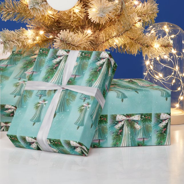Mid Century Modern Blue Bells Silver Ribbon Wrapping Paper (Holidays)