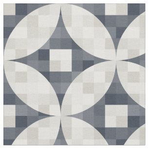 Mid-century modern blue grey & beige check fabric