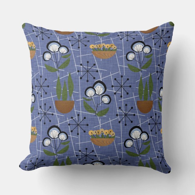 Mid-Century Modern | Blue | Household Plants Throw Pillow (Front)