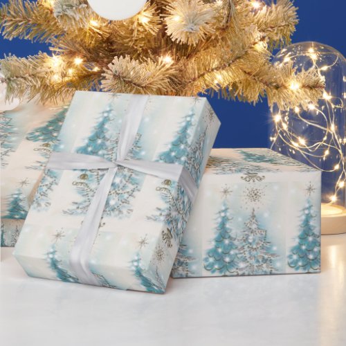 Mid Century Modern Blue Silver Christmas Trees Wrapping Paper