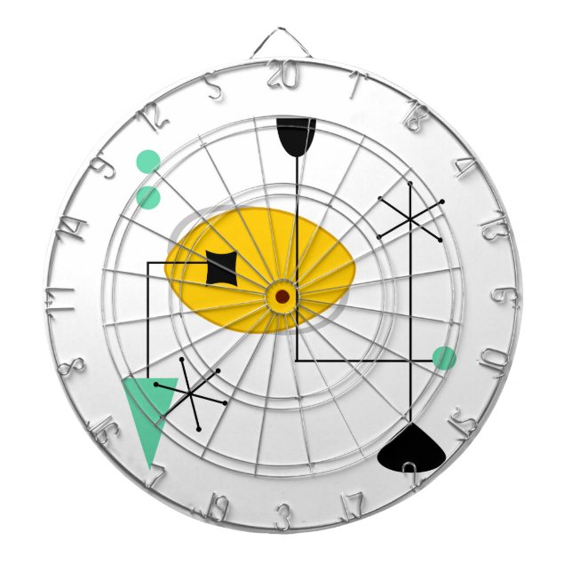 mid century modern blue yellow simple retro dartboard with darts (Front)