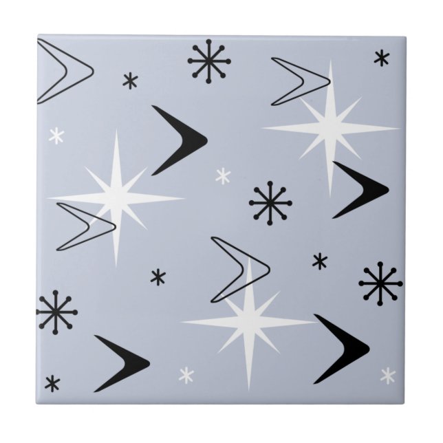 Mid Century Modern Boomerangs Silver Blue Ceramic Tile (Front)