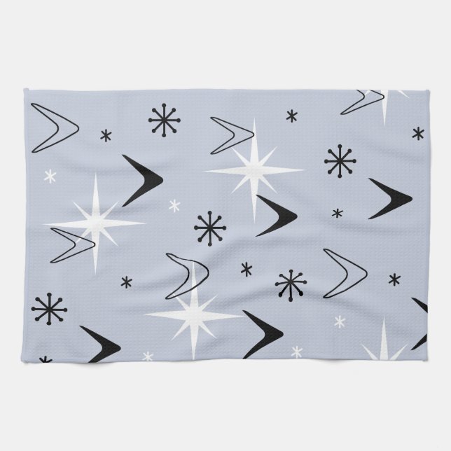 Mid Century Modern Boomerangs Silver Blue Kitchen Towel (Horizontal)