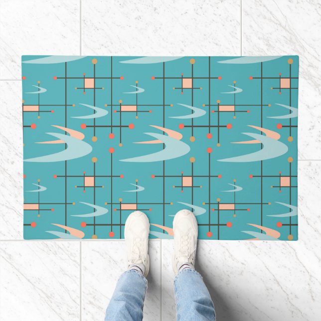 Mid Century Modern Boomerangs, Turquoise Doormat (Indoor)