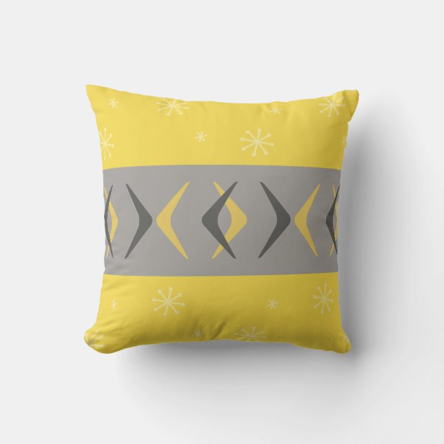 Mid Century Modern Boomerangs Yellow Gray Throw Pillow (Front)