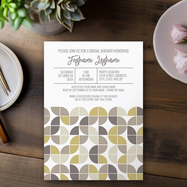 Mid Century Modern Bridal Shower Gold Grey Taupe Invitation (Mod, Modern Bridal Shower Invitation - Retro Half Moon Pattern Design)