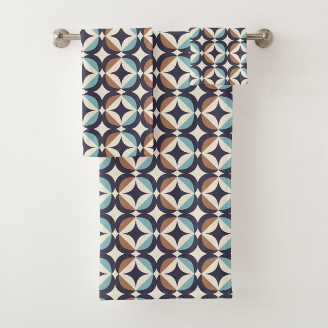 Mid-Century Modern Brown & Teal Pattern Bath Towel Set (Insitu)