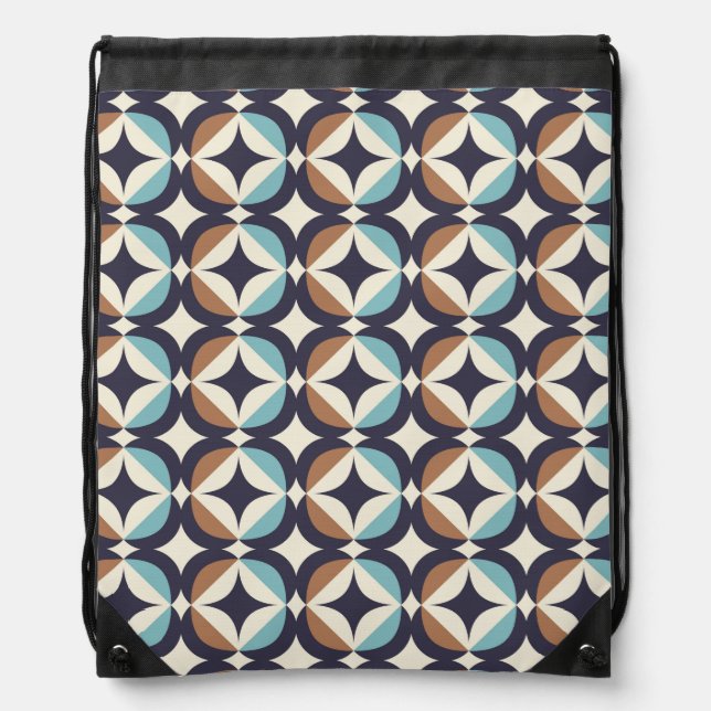 Mid-Century Modern Brown & Teal Pattern Drawstring Bag (Front)