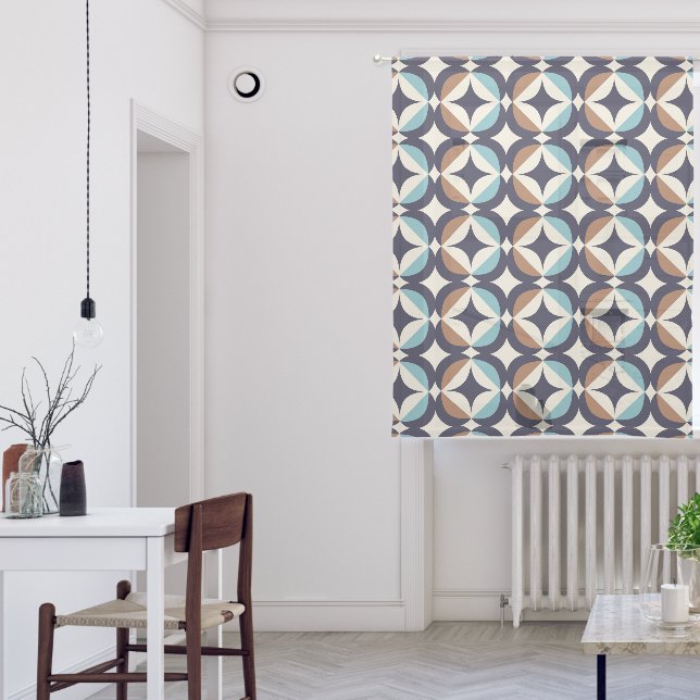 Mid-Century Modern Brown & Teal Pattern Sheer Curtains (Living Room)