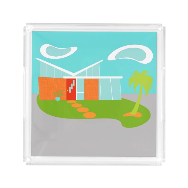 Mid Century Modern Cartoon House Acrylic Tray (Front)