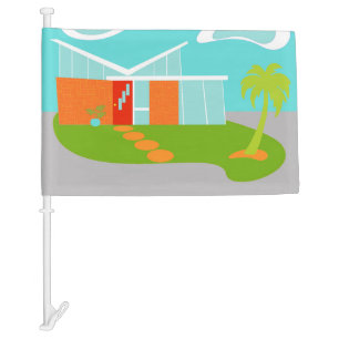 Mid Century Modern Cartoon House Car Flag