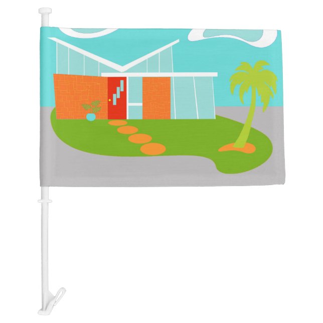Mid Century Modern Cartoon House Car Flag (Front)