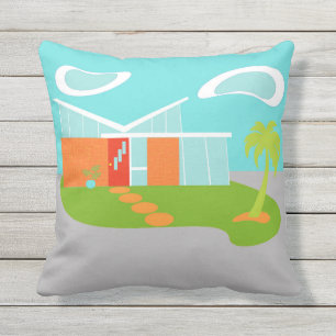 Mid Century Modern Cartoon House Outdoor Pillow