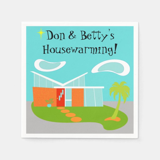 Mid Century Modern Cartoon House Paper Napkins (Front)