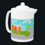Mid Century Modern Cartoon House Teapot<br><div class="desc">This Mid Century Modern Cartoon House Teapot will have you wanting to put out the WELCOME mat and make yourself at home! The 1960's, minimalist art design features a sleek, orange stone and aqua glass house on a lush, green, boomerang shaped lawn. The lawn forms an oasis in the middle...</div>