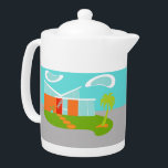 Mid Century Modern Cartoon House Teapot<br><div class="desc">This Mid Century Modern Cartoon House Teapot will have you wanting to put out the WELCOME mat and make yourself at home! The 1960's, minimalist art design features a sleek, orange stone and aqua glass house on a lush, green, boomerang shaped lawn. The lawn forms an oasis in the middle...</div>