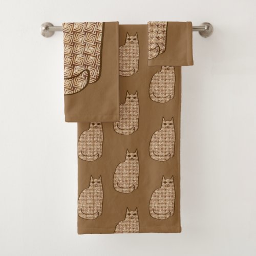 Mid_Century Modern Cat Beige and Light Brown Bath Towel Set