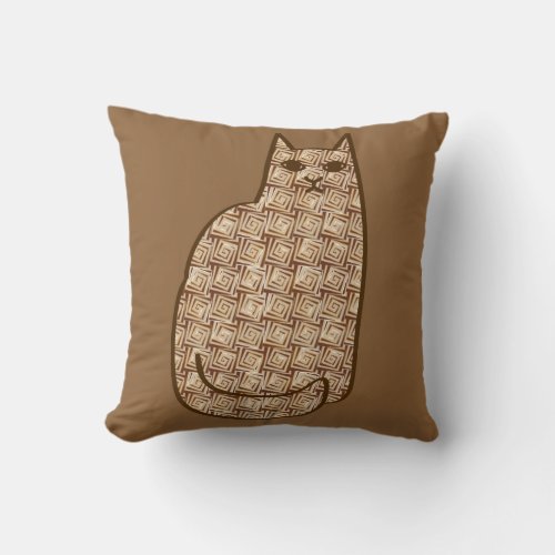 Mid_Century Modern Cat Beige and Light Brown Throw Pillow