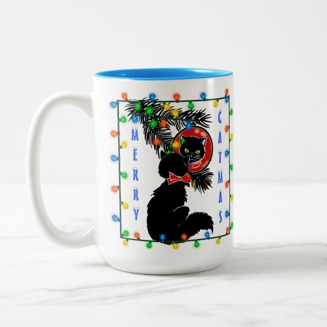 Mid Century Modern Cat Christmas! Two-Tone Coffee Mug (Left)