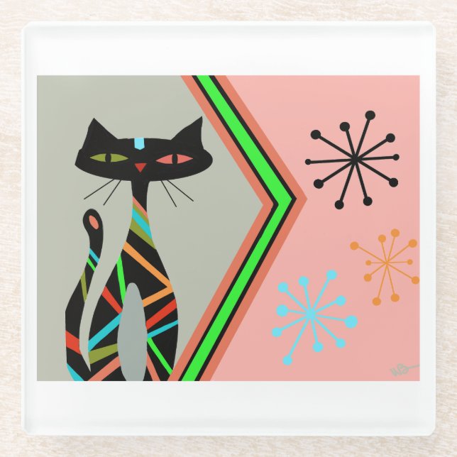 Mid century modern cat coaster drink  (Front)