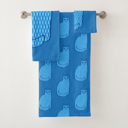 Mid_Century Modern Cat Cobalt and Light Blue Bath Towel Set