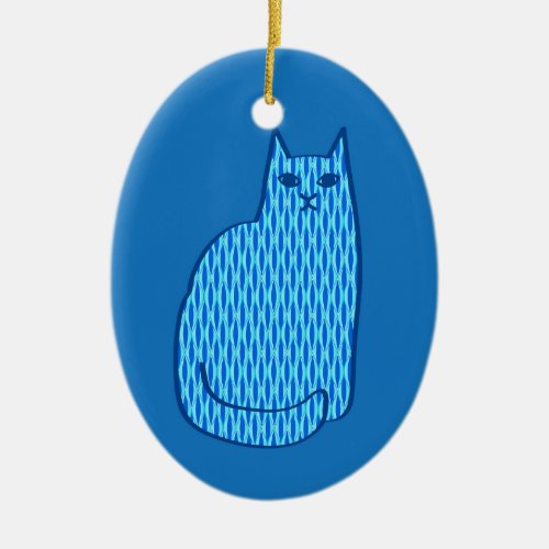 Mid_Century Modern Cat Cobalt and Light Blue    Ceramic Ornament